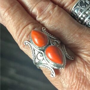 Orange Copper Turquoise Filigree Scroll 925 Sterling Silver Ring Size 9